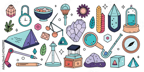 Mystical adventure gear collection includes tent compass magnifying glass potions and crystals