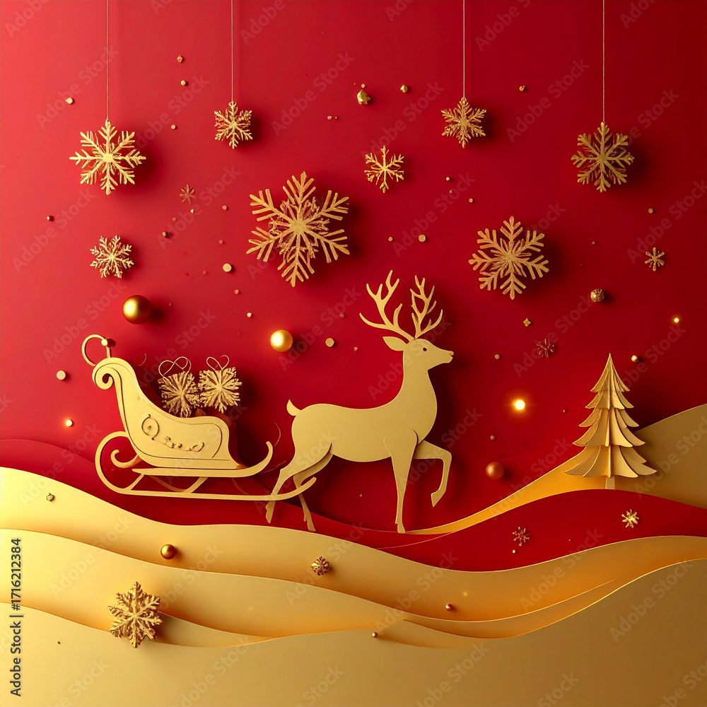 Fototapeta premium Festive christmas background with reindeer and sleigh greeting card invitation design warm holiday environment artistic viewpoint