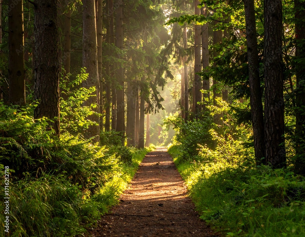 Obraz premium Sunlight path through a misty forest
