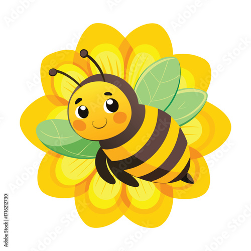 Cute cartoon bee flying around a yellow flower isolated on white background