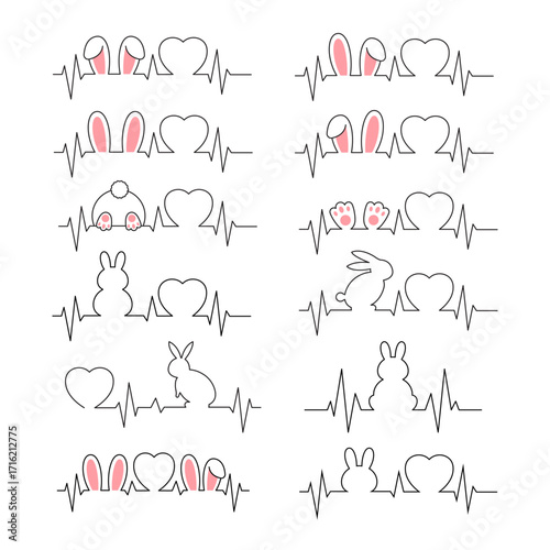 set bunny heartbeat vector isolated on white background 