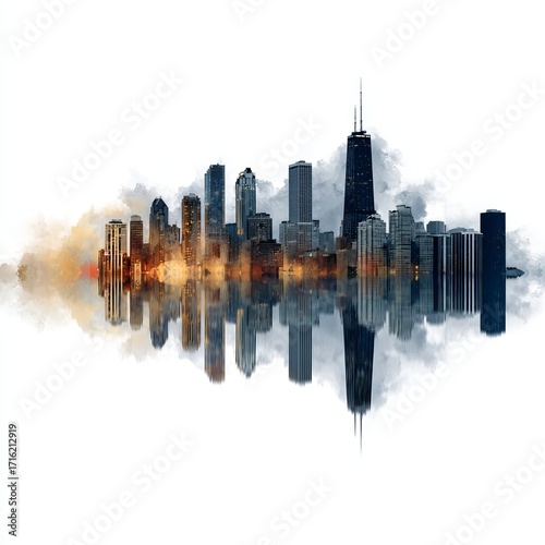 Chicago Skyline Reflecting: A majestic Chicago skyline mirrors itself across a reflective surface, showcasing architectural marvels against a backdrop, and evoking a sense of grandeur and urban charm.