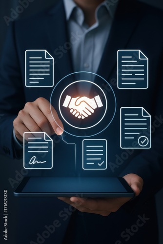 Digital Contract Signing Concept with Handshake Icon and Business Documents on Tablet Screen