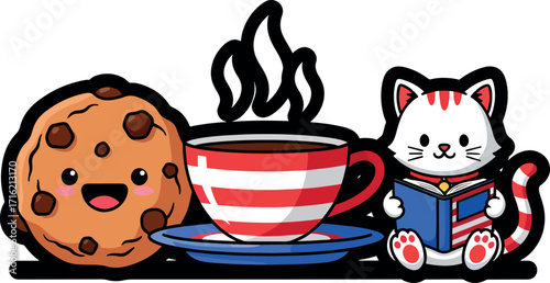 Patriotic Coffee, Cookie, and Reading Cat - American Flag Theme.