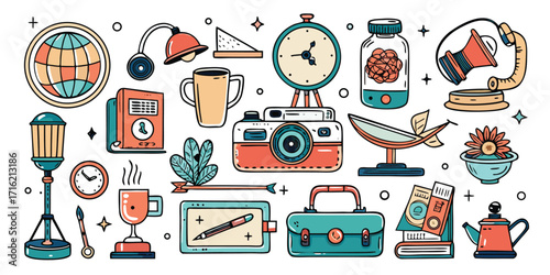Whimsical assortment of everyday objects and tools captured in artistic style