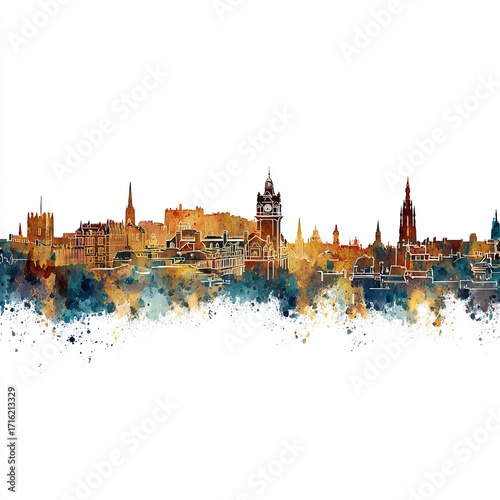 Skyline of Urban Majesty: A vibrant watercolor rendering portrays an urban panorama, capturing the essence of an expansive cityscape.