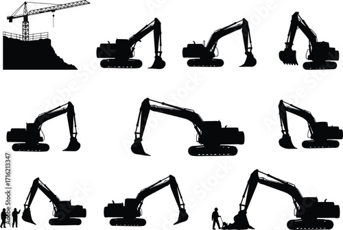 silhouette, construction, excavator, crane, cliff, worker, shovel, dig, lift, operate, site, equipment, vector, black, icon, design, industrial, project, engineering, machinery