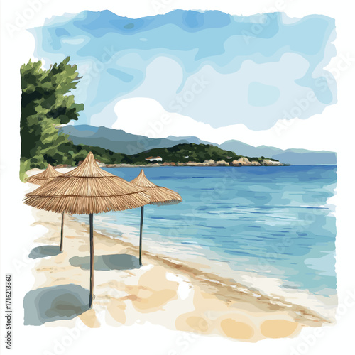 Ksamil Beach. Ksamil Beach watercolor vector illustration