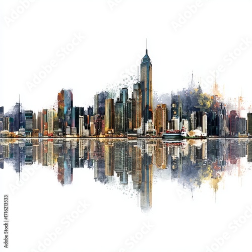 Urban Vista: A breathtaking cityscape mirrored in tranquil waters, showcasing towering skyscrapers against a backdrop of a clear sky, an emblem of modernity and urban life.