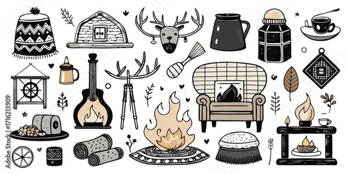 Cozy cabin and living room elements hand drawn sketch style graphics bundle