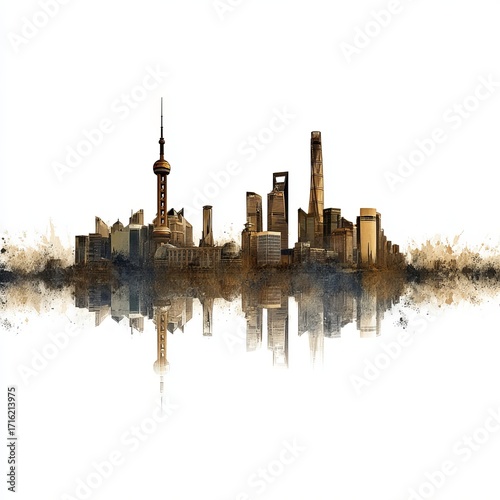 Urban Reflection: A striking artistic portrayal of a sprawling metropolis, the image captures the grandeur of skyscrapers mirrored in the serene waters below.