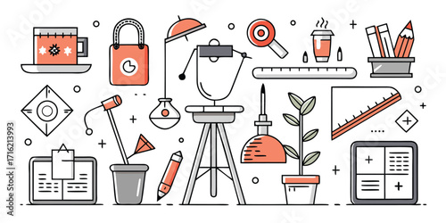 Creative workspace essentials collection featuring desk supplies plants and technology icons