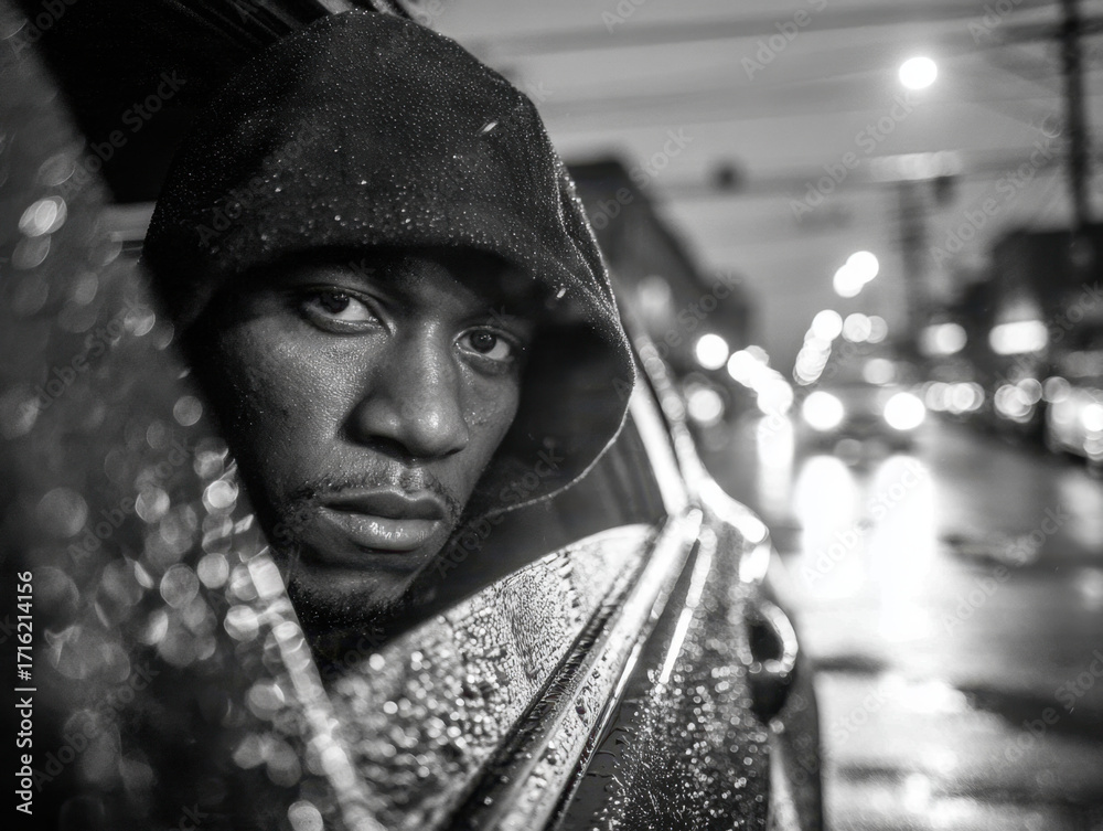 Fototapeta premium Moody black and white portrait of man wearing hoodie with rain droplets on car window reflecting city lights at night creating a dramatic urban atmosphere.