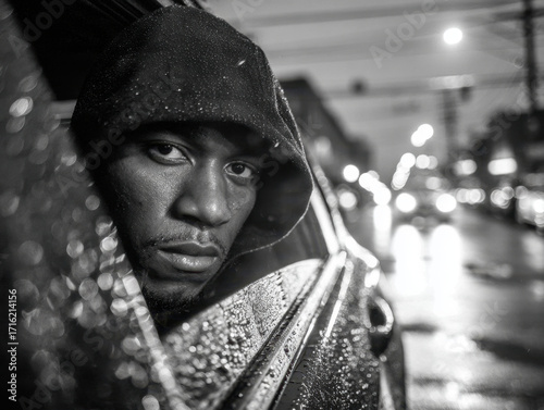 Moody black and white portrait of man wearing hoodie with rain droplets on car window reflecting city lights at night creating a dramatic urban atmosphere.