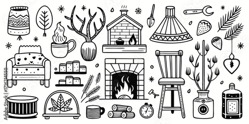 Cozy home decor elements collection artistic line drawing style elements