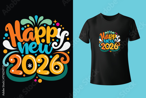 Happy new year 2026 celebration design with clock and fireworks on white t shirt mockup