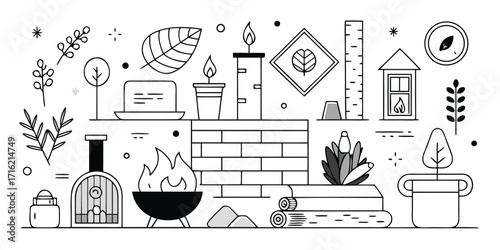Cozy home decor elements featuring fireplace candles plants and rustic accents