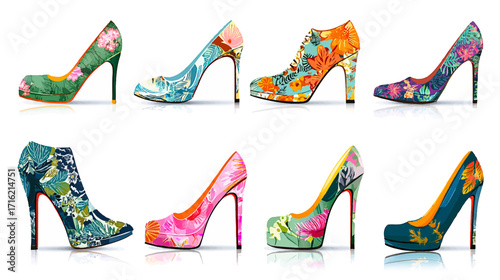 set of vector high hills with white background, set of polish, set of shoes, colourful shoe design