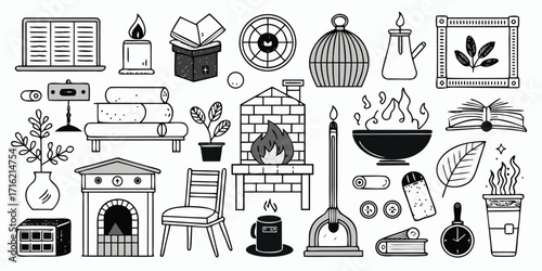 Cozy home decor elements featuring fireplace plants and furniture illustrations