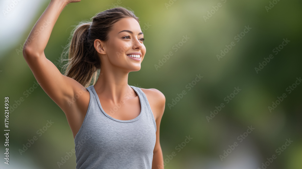 Fototapeta premium A happy, fit young woman smiles while jogging outdoors