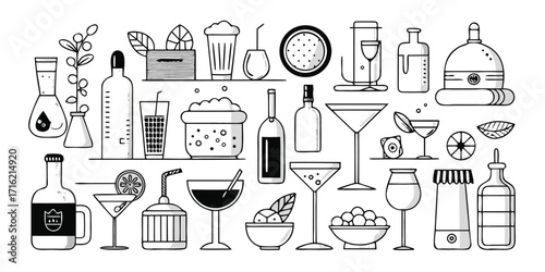 Artistic hand-drawn collection of alcoholic beverages and bar essentials in black and white sketch style