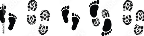 Footprint silhouette icons, barefoot and boot prints, walking pattern graphics, tracking symbols, human movement, shoe tread design, black and white, trail markers