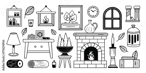 Collection of cozy hand-drawn home decor elements featuring fireplace and furniture