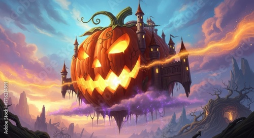 Spooky Halloween Pumpkin Castle Floating in Sky