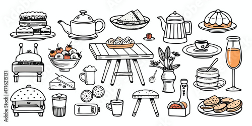 Hand drawn collection of food beverages furniture objects and kitchenware items