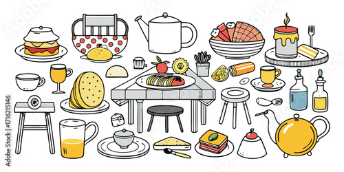 Whimsical sketch of a table setting with tea time delights and breakfast foods