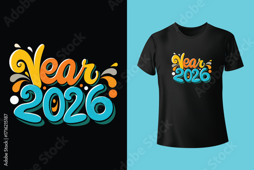 Happy new year 2026 celebration design with clock and fireworks on white t shirt mockup