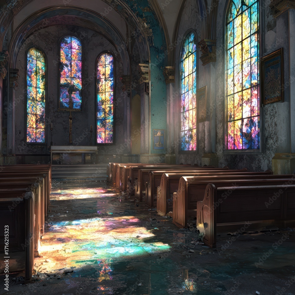 Obraz premium Abandoned church interior sunlight