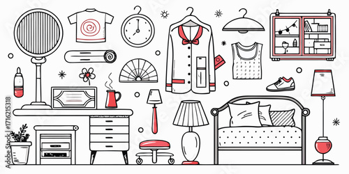 Charming hand-drawn bedroom furniture and accessories collage with hints of pink