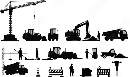 silhouette, crane, excavator, roller, dump, truck, worker, shovel, jackhammer, barrier, cone, construction, site, equipment, vector, black, icon, design, industrial, worksite