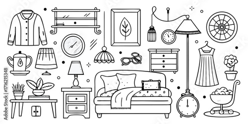 Cozy living room furniture decor and clothing items hand drawn sketch style
