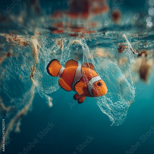Entrapped Clownfish: An innocent clownfish, vibrant in color, struggles against the confines of a discarded fishing net underwater, portraying the harsh reality of environmental damage.