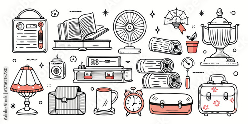 Vintage style line art collection of home goods and office supplies