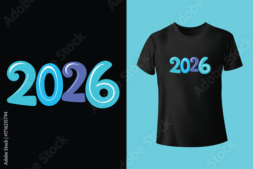 Happy new year 2026 celebration design with clock and fireworks on white t shirt mockup