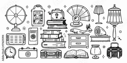 Vintage furniture and household objects sketch collection decorational elements artistic renderings