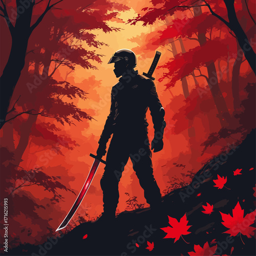 vector silhouette of a biker in a mountain background, carrying a katana