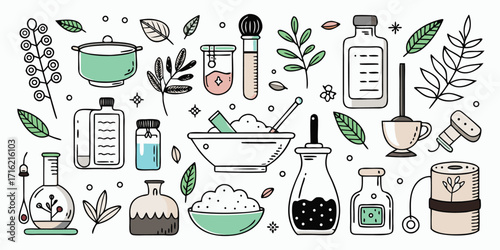 Herbal apothecary collection featuring botanical elements bottles jars and tools for natural remedies