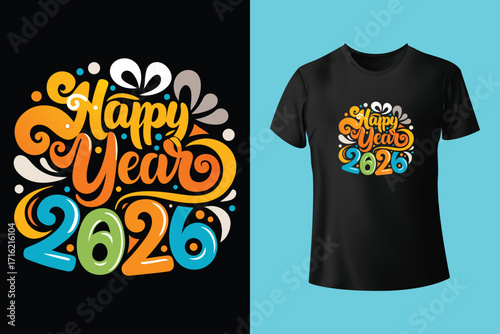 Happy new year 2026 celebration design with clock and fireworks on white t shirt mockup