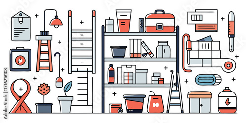 Organized storage shelves with tools supplies and household items illustrated scene