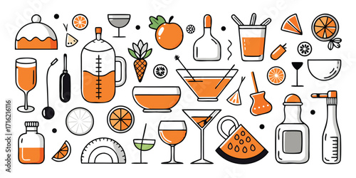 Collection of hand-drawn refreshing drinks and food elements for beverages