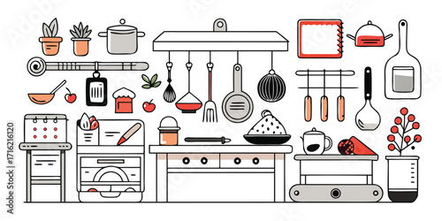 Whimsical hand-drawn kitchen scene with pots utensils and appliances for food preparation