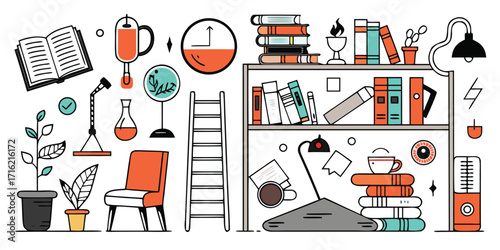 Cozy home office scene with bookshelf plants lamp chair and ladder sketch