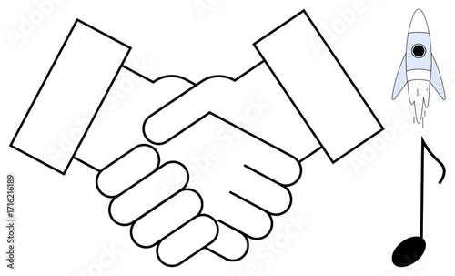 Two hands clasp in a handshake, symbolizing partnership. A rocket signifies innovation, and a music note adds creative energy. Ideal for cooperation, teamwork, progress, creativity, innovation