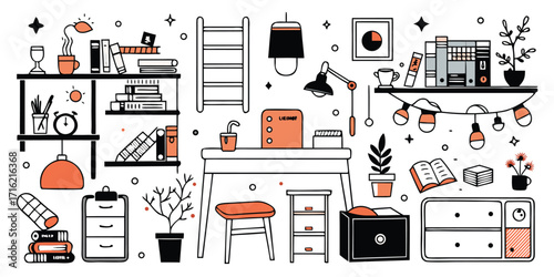 Cozy home office scene with bookshelf desk lamp plants and storage furniture