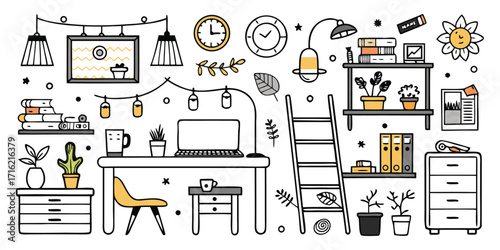 Doodle collection of home furniture and decor items for a cozy living space