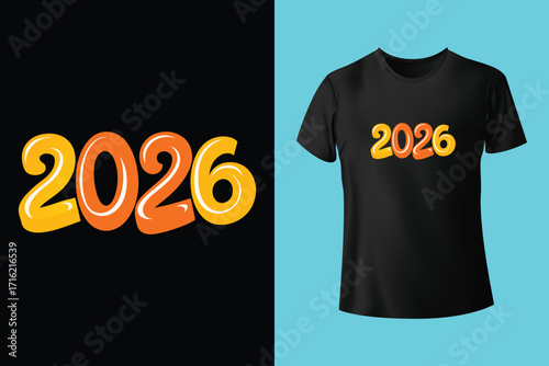 Happy new year 2026 celebration design with clock and fireworks on white t shirt mockup